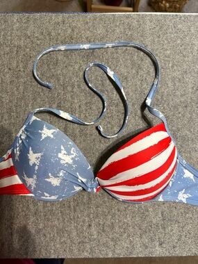 Red White & Light Blue Patriotic Flag Stars Stripes Heavily Padded Bikini Top S
